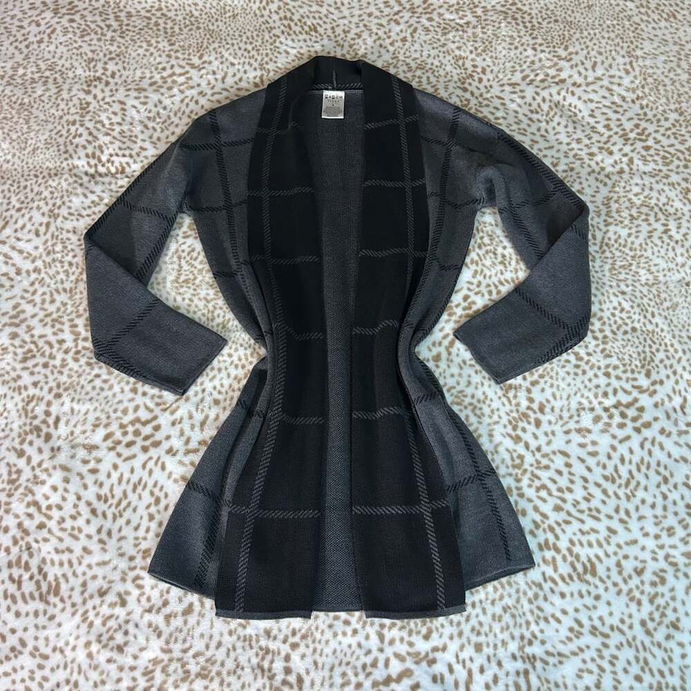 Serra Open Front Cardigan Size S Gray Black Plaid Knit Sweater